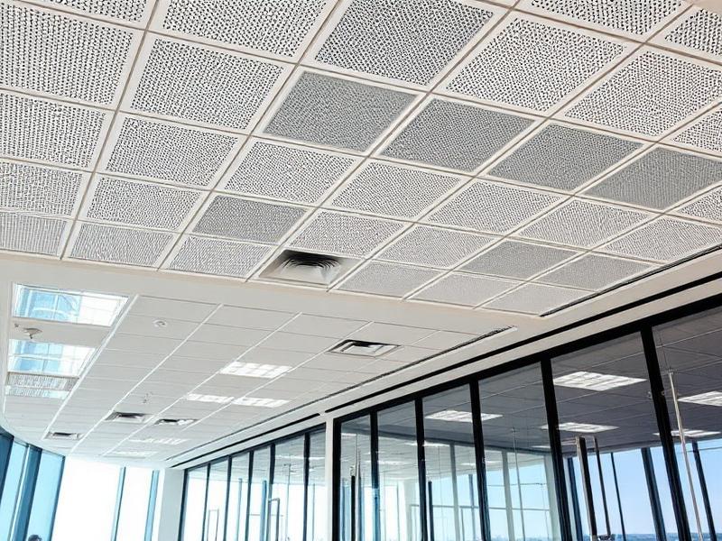Suspended ceiling grid and glazed partitions on an office floor