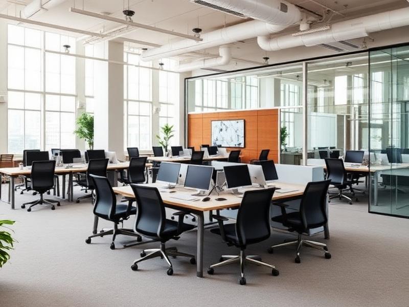 Fitted-out open-plan office with desks, task chairs and meeting rooms