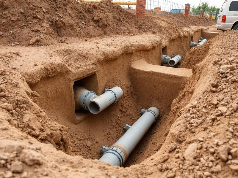 Drainage pipes laid in an open trench during groundworks