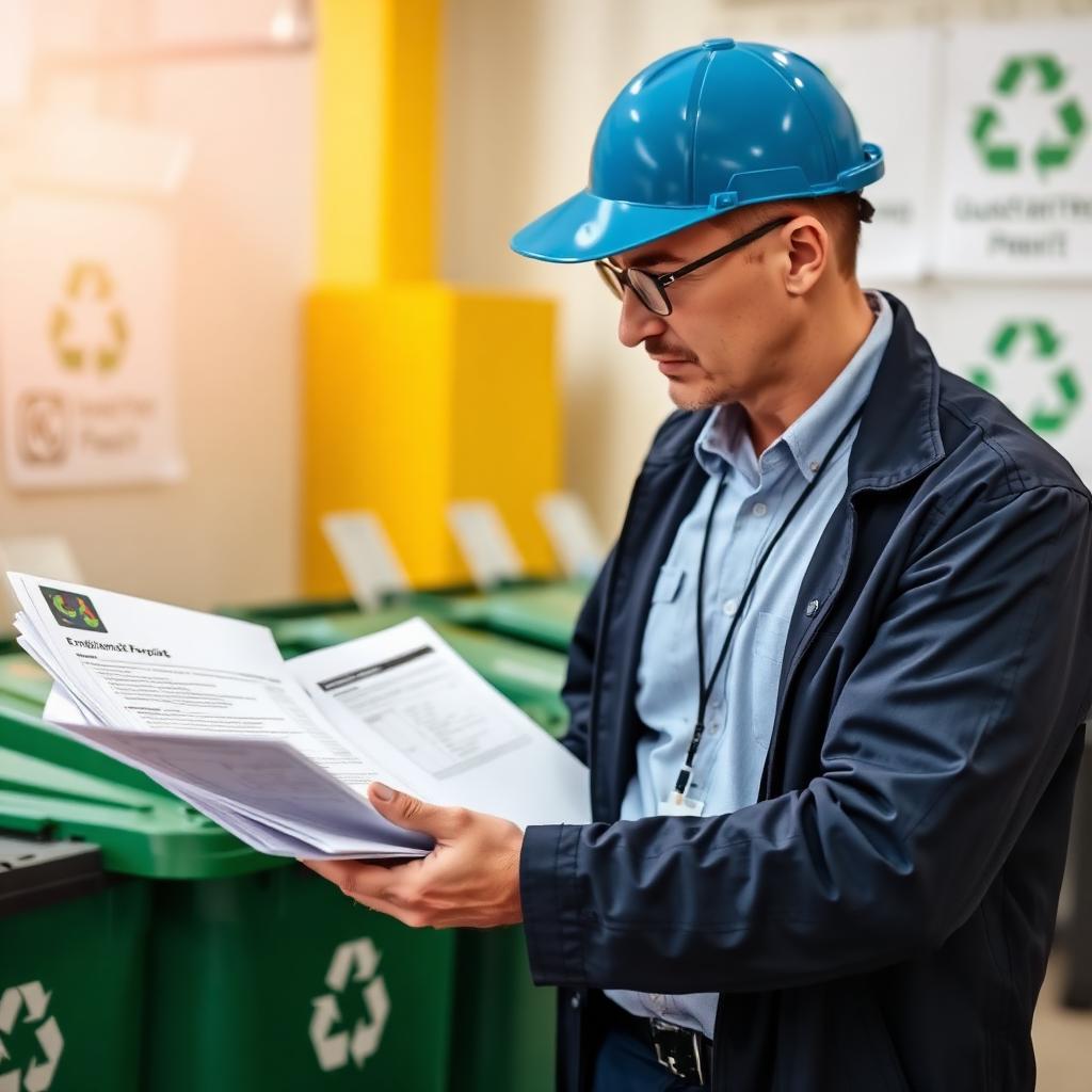 Man in a hard hat checking paperwork beside recycling bins