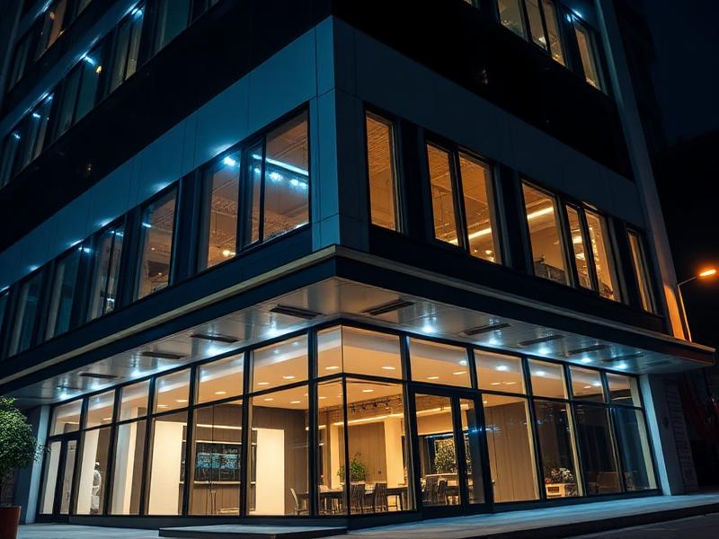 Glazed commercial building with external lighting at dusk