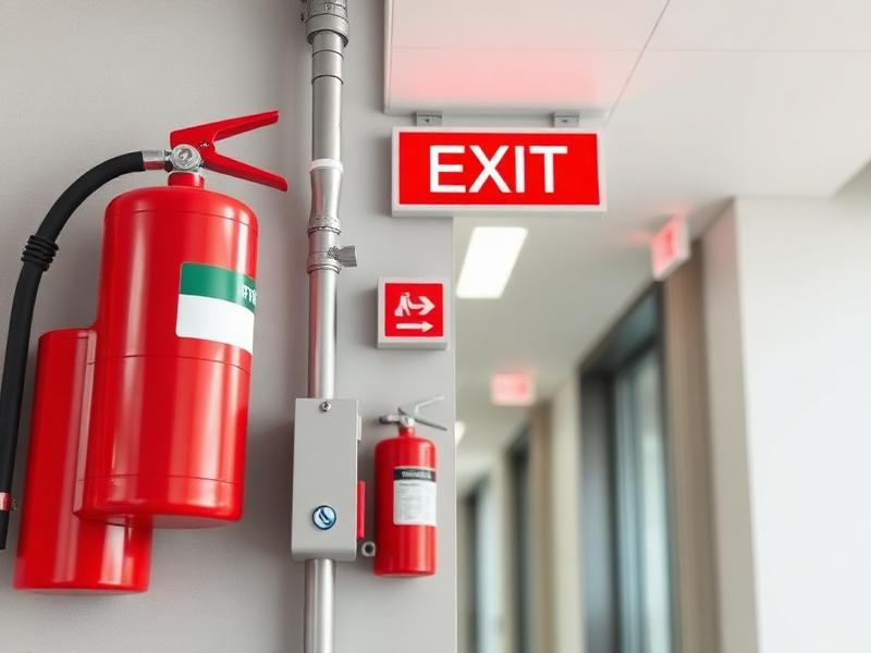 Fire extinguishers and an exit sign in a commercial corridor