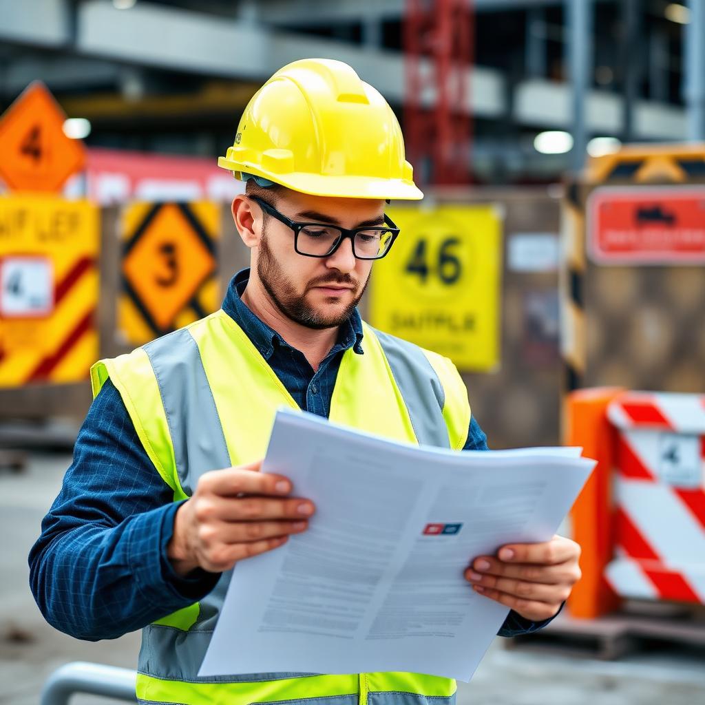 Safety officer in a hard hat and high-visibility vest reading a document on site