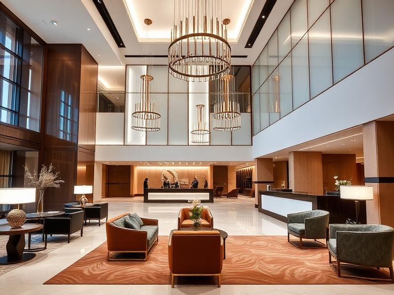 Hotel lobby with lounge seating beneath a double-height ceiling