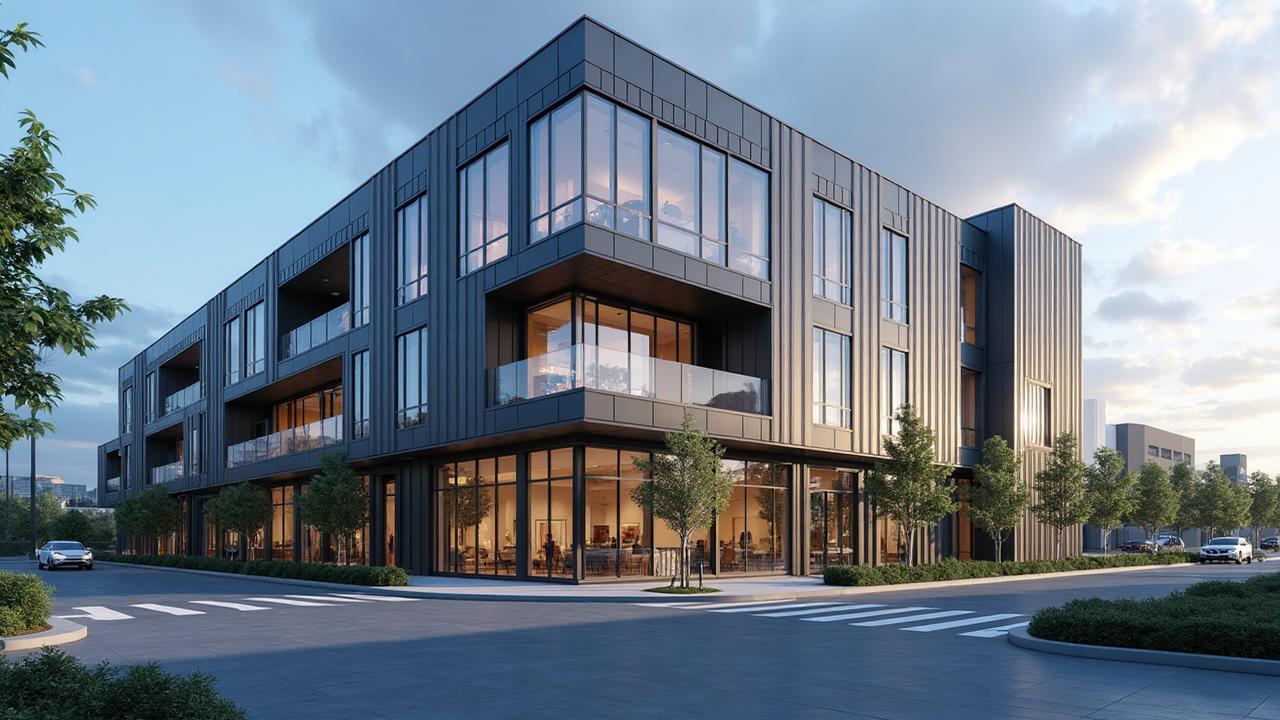 Modern three-storey commercial building with a glazed ground floor