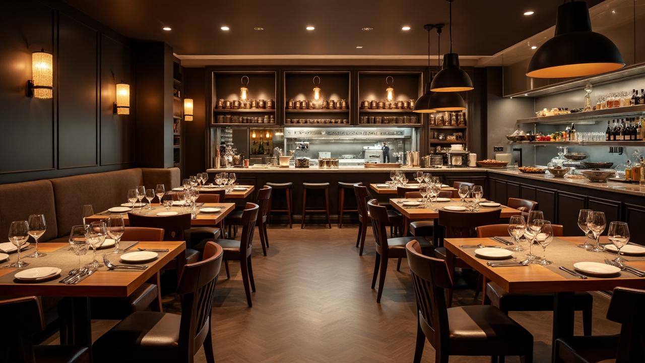 Restaurant interior with timber tables, pendant lights and an open kitchen