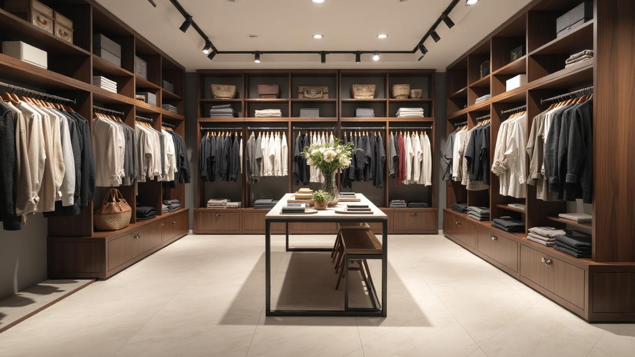 Retail interior with timber shelving and display tables