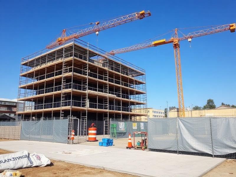 Scaffolded building frame and tower cranes on a construction site
