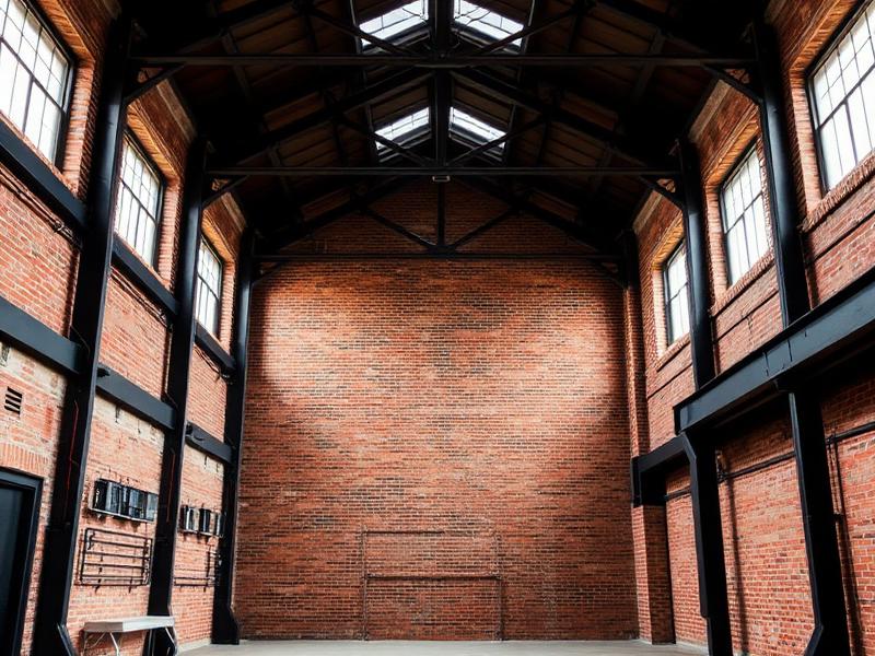 Brick warehouse interior with steel roof trusses, ready for conversion