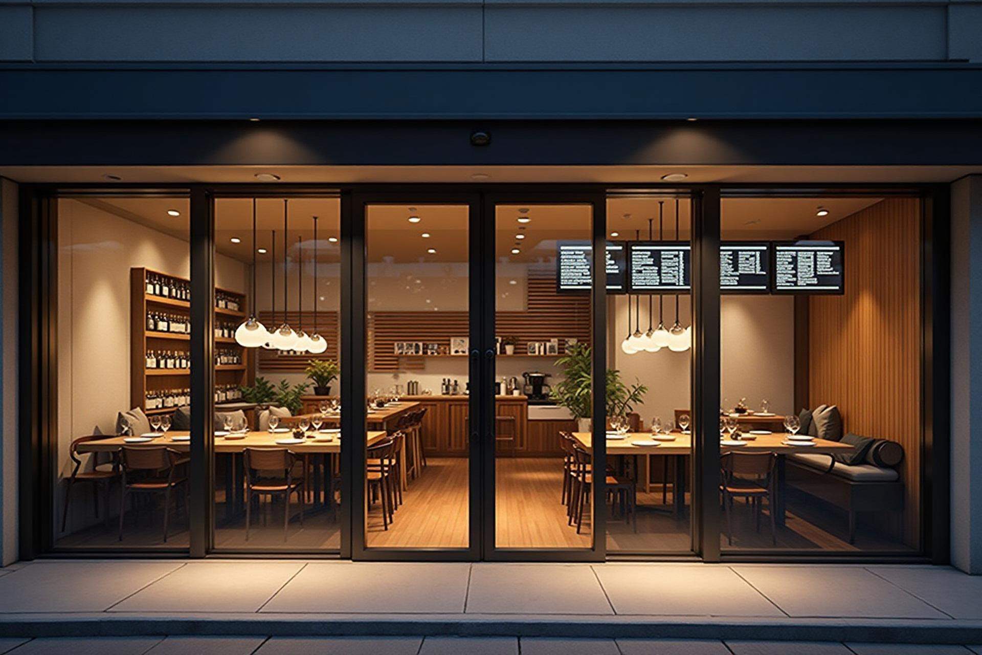 Restaurant dining room behind full-height glazing