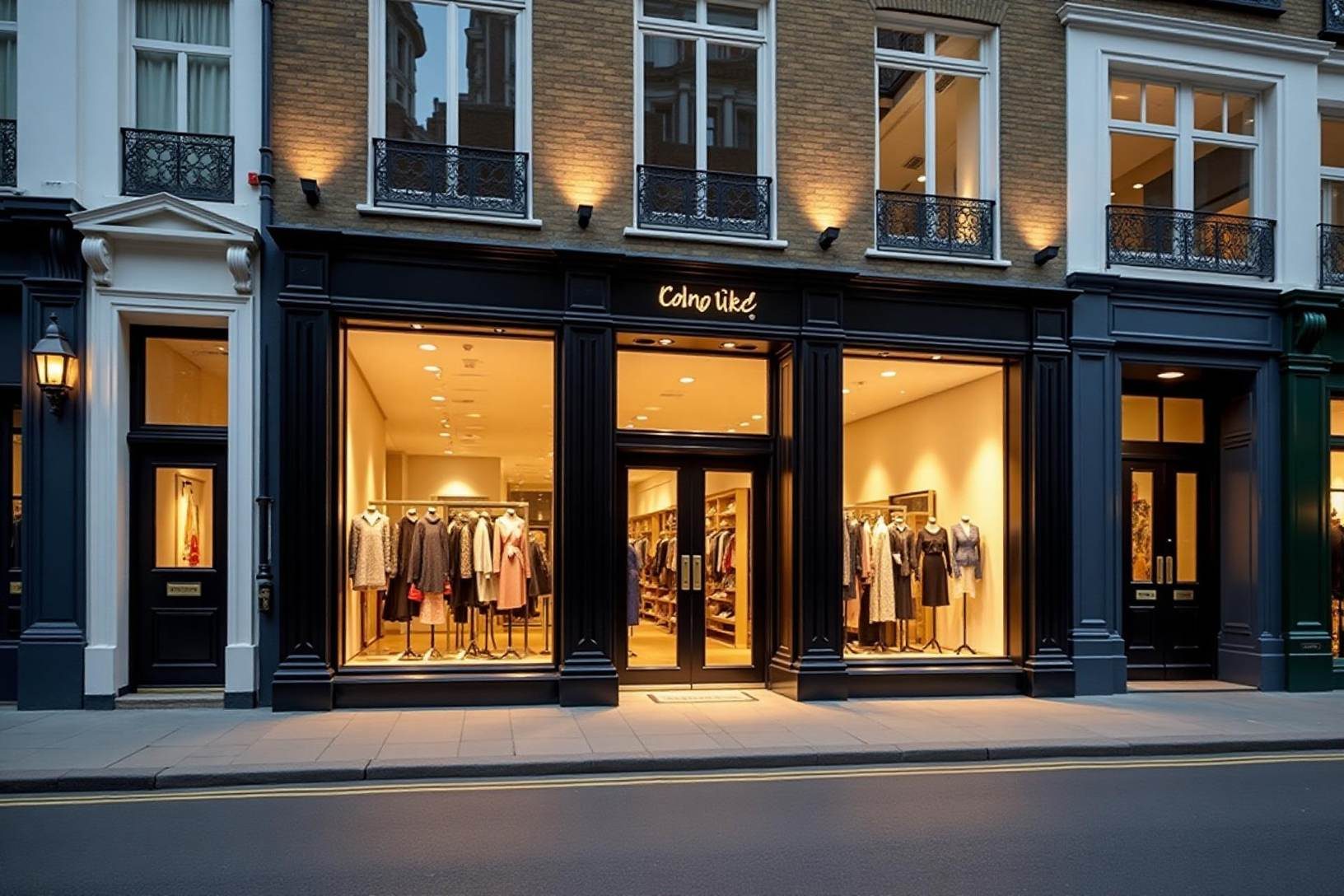 Lit shopfront of a fashion boutique at dusk