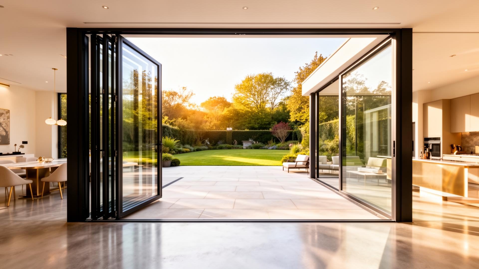Black-framed bi-fold doors open onto a garden