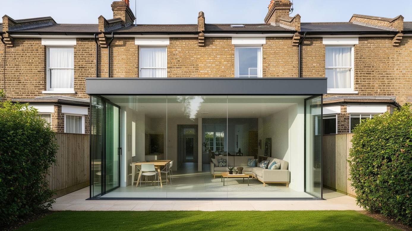 Frameless glass rear extension on a terraced house