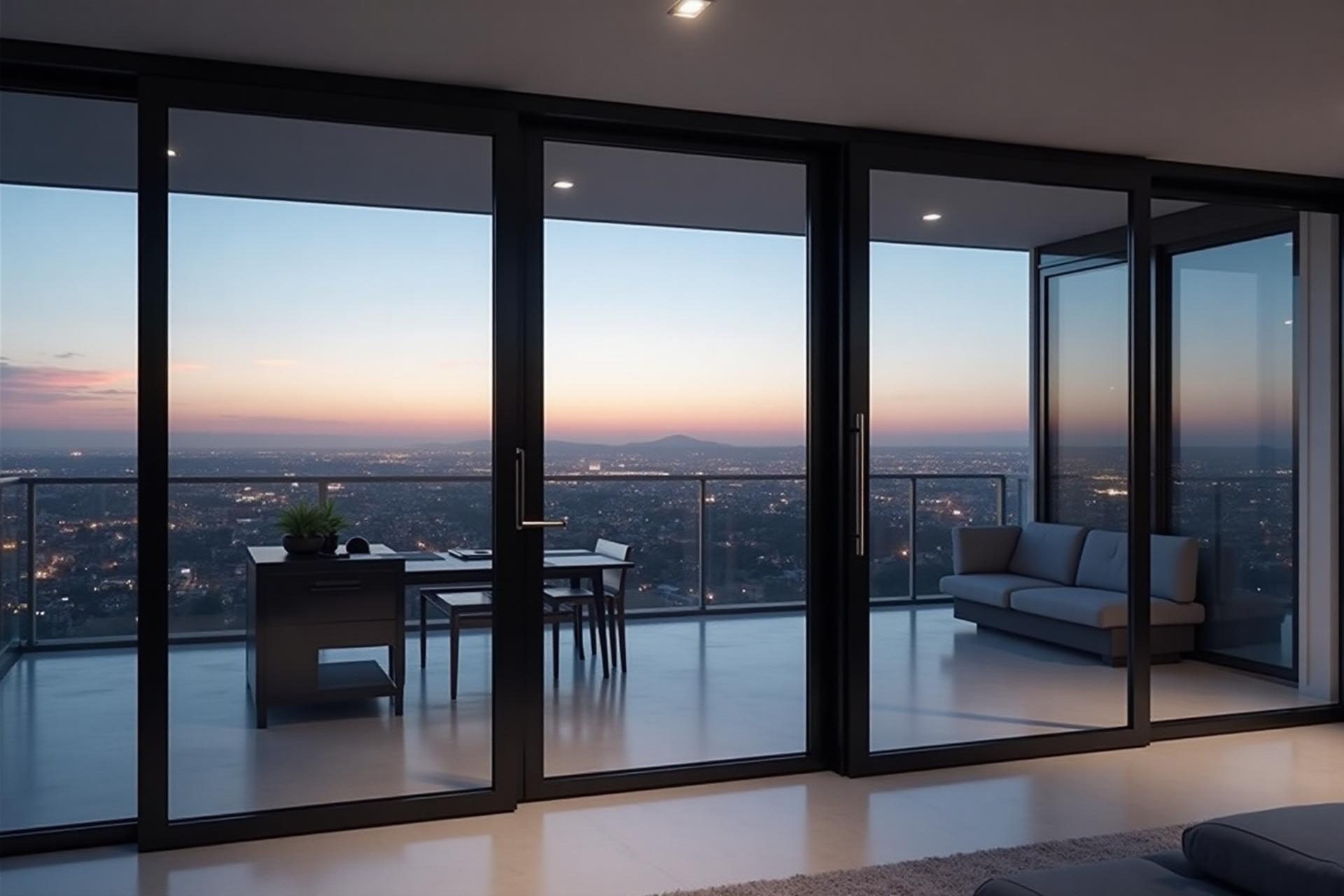 Floor-to-ceiling sliding doors at dusk