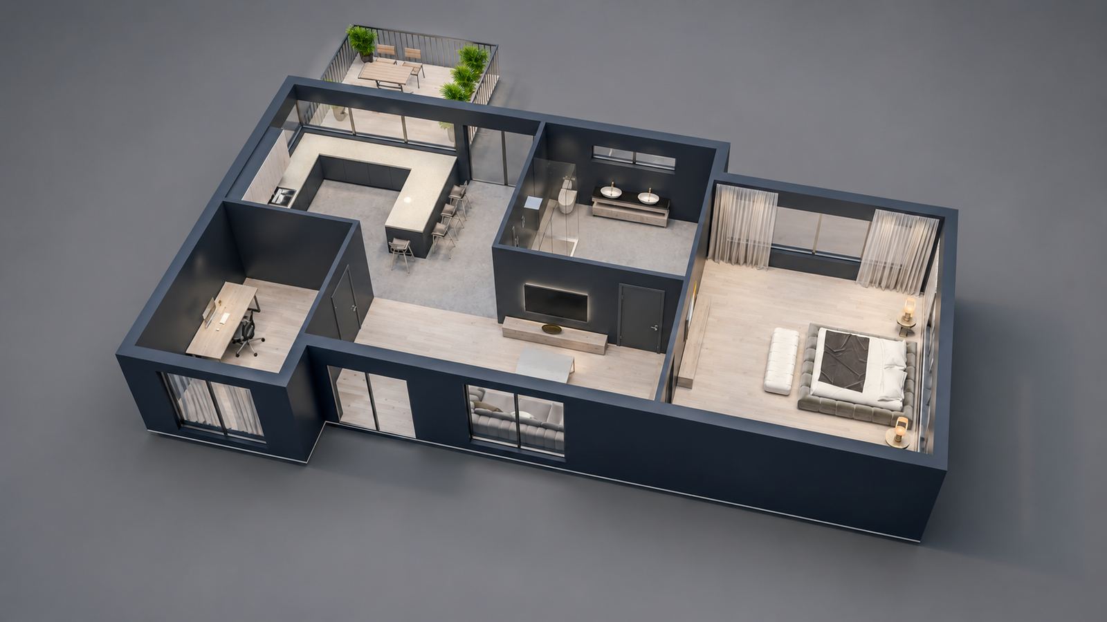LINX design visual: a 3D plan of an apartment layout