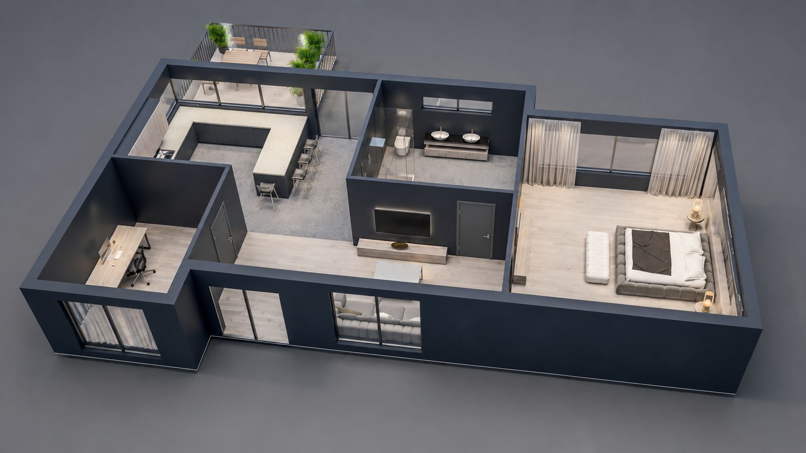 LINX design visual: a 3D floor plan of a proposed layout