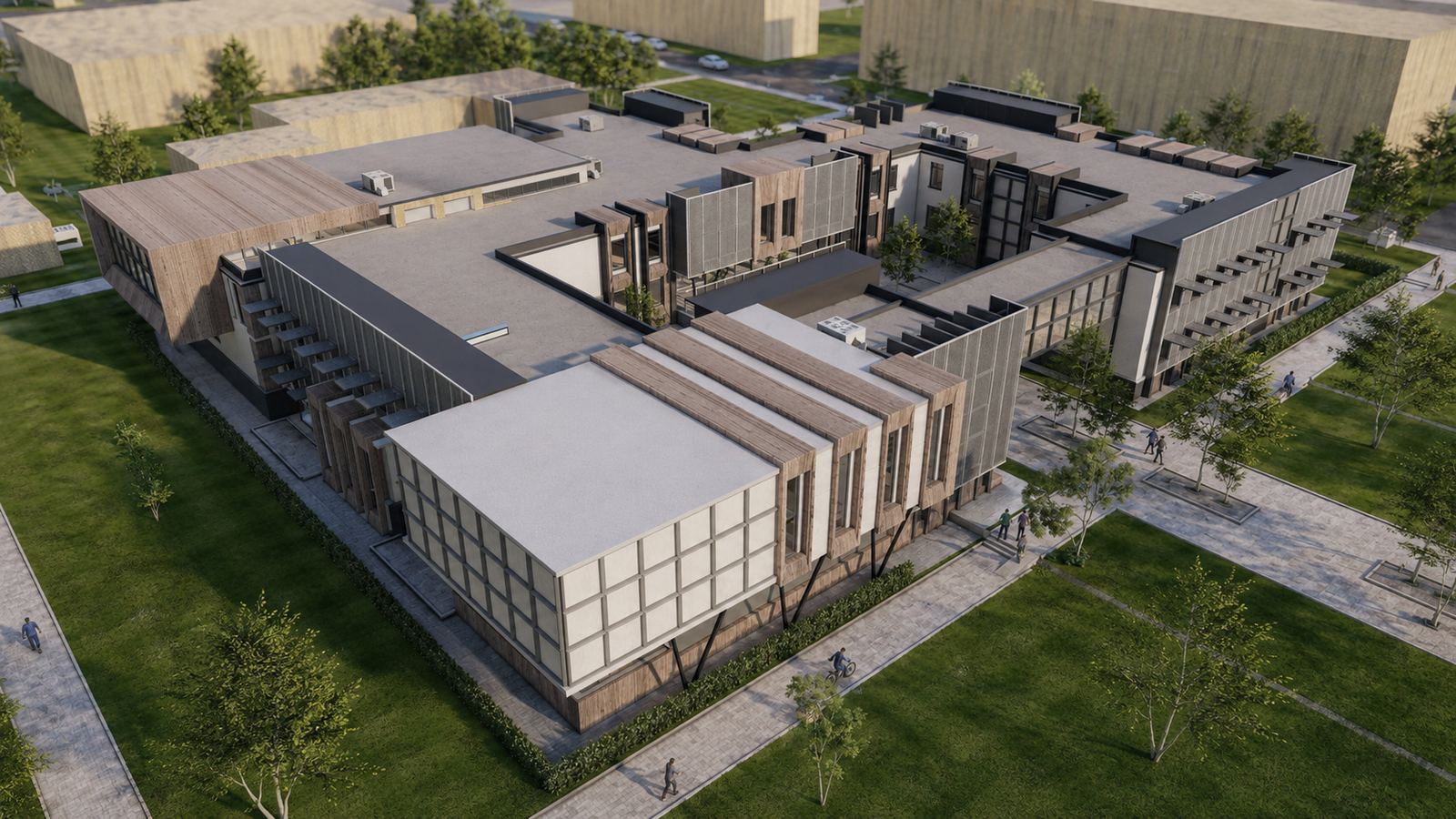 LINX design visual: aerial view of a new college building with timber cladding and landscaped grounds