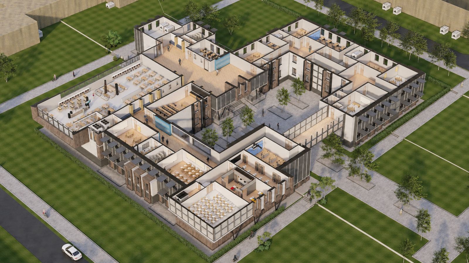 LINX design visual: cutaway of a college building showing its teaching spaces