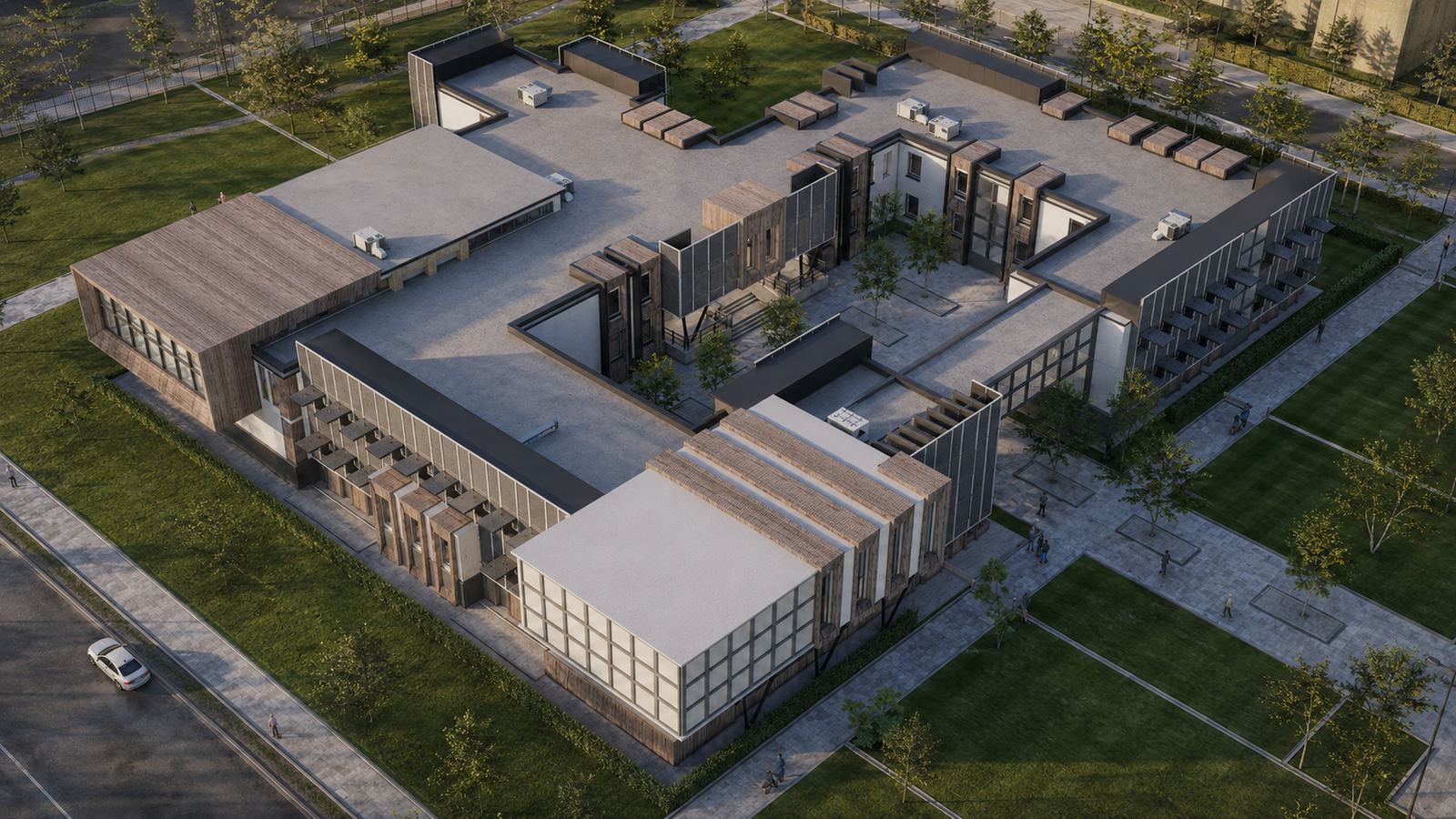 LINX design visual: landscaped grounds and footpaths around a college building