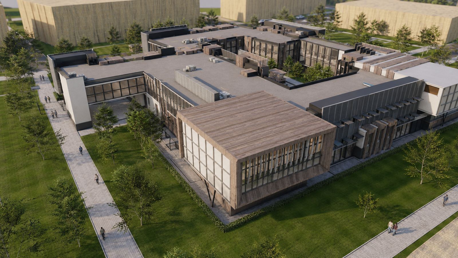 LINX design visual: a college wing with timber cladding beside a landscaped courtyard