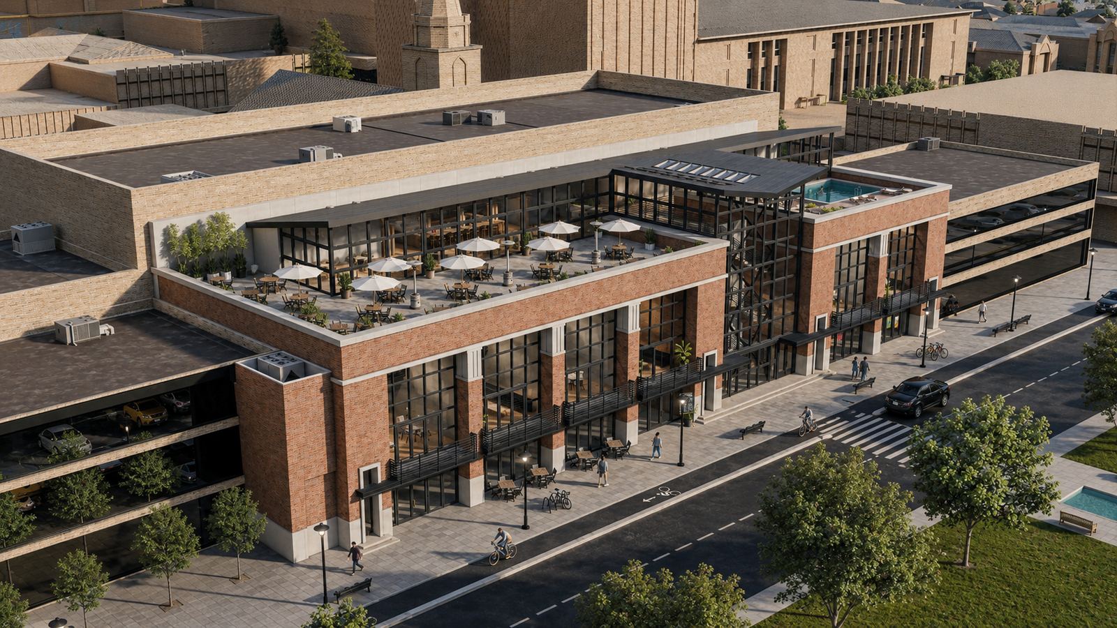 LINX design visual: a brick mixed-use block with glazed upper floors on a street corner
