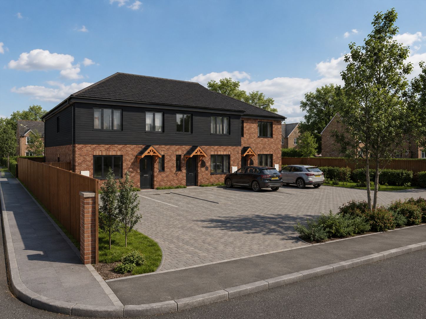 LINX design visual: a pair of new brick and timber-clad homes with off-street parking