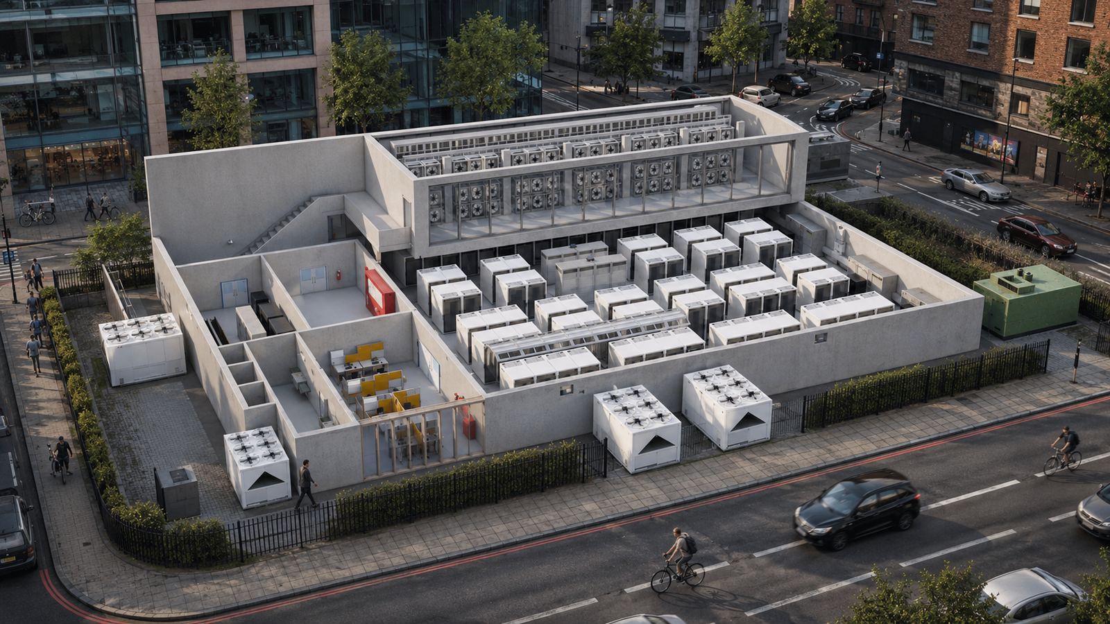 LINX design visual: aerial view of a plant building with rooftop equipment beside a city road