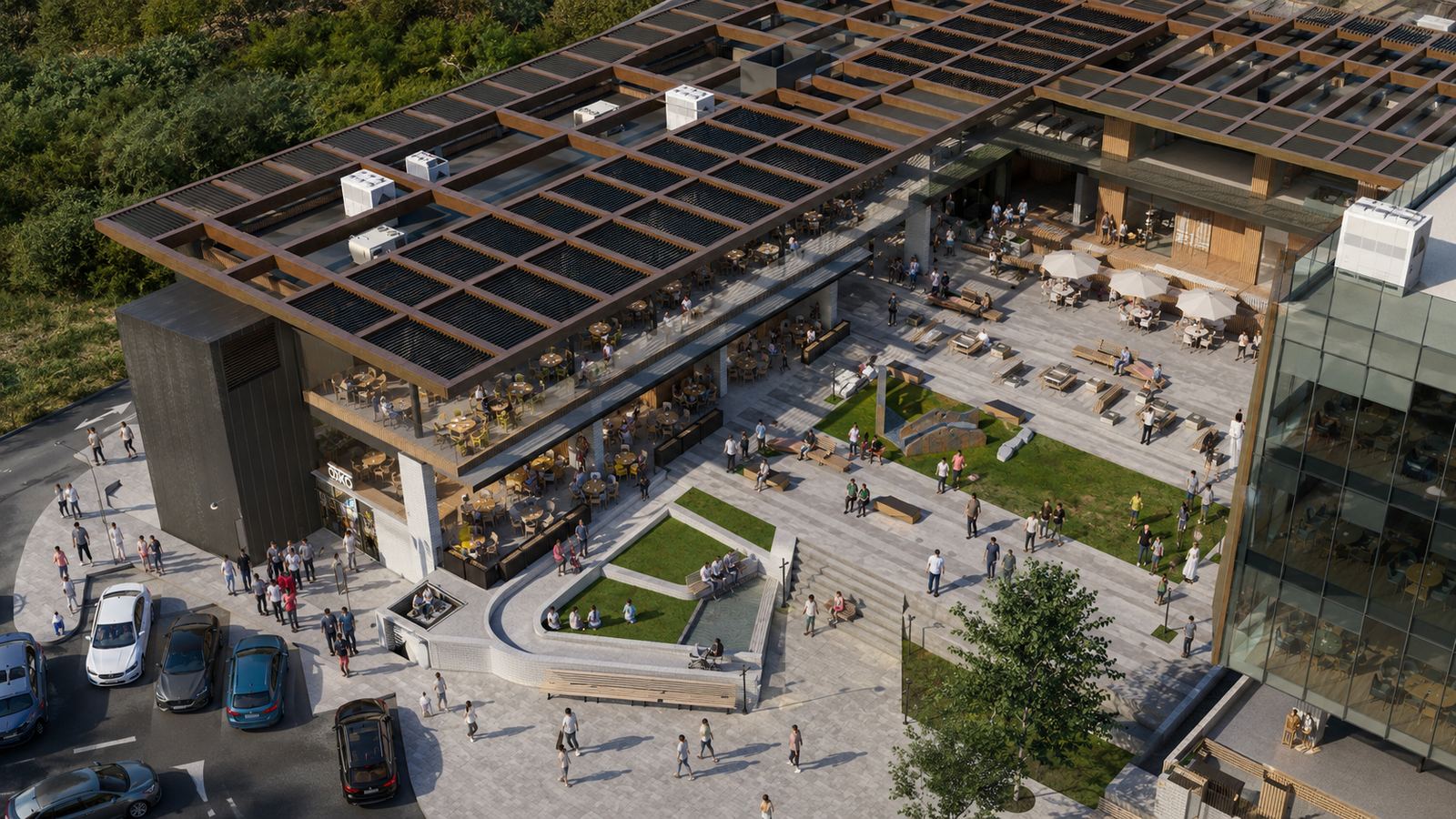 LINX design visual: aerial view of a mixed retail and leisure development with a landscaped plaza