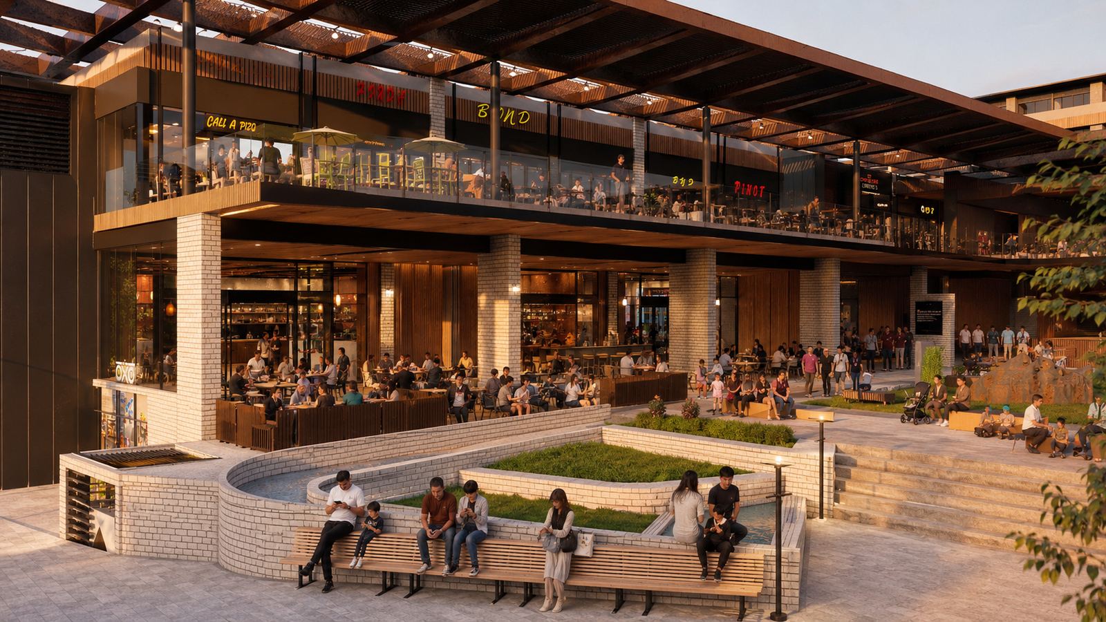 LINX design visual: restaurants and shops beneath a timber canopy, with terraced public seating