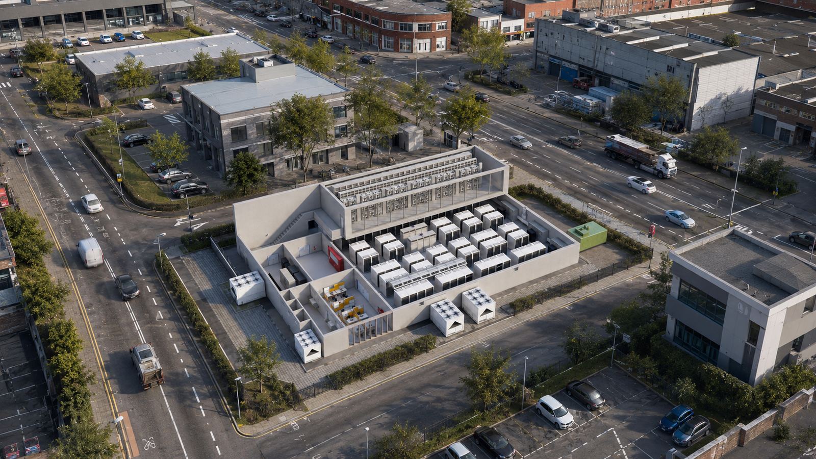 LINX design visual: aerial view of a development site with access roads, parking and landscaping