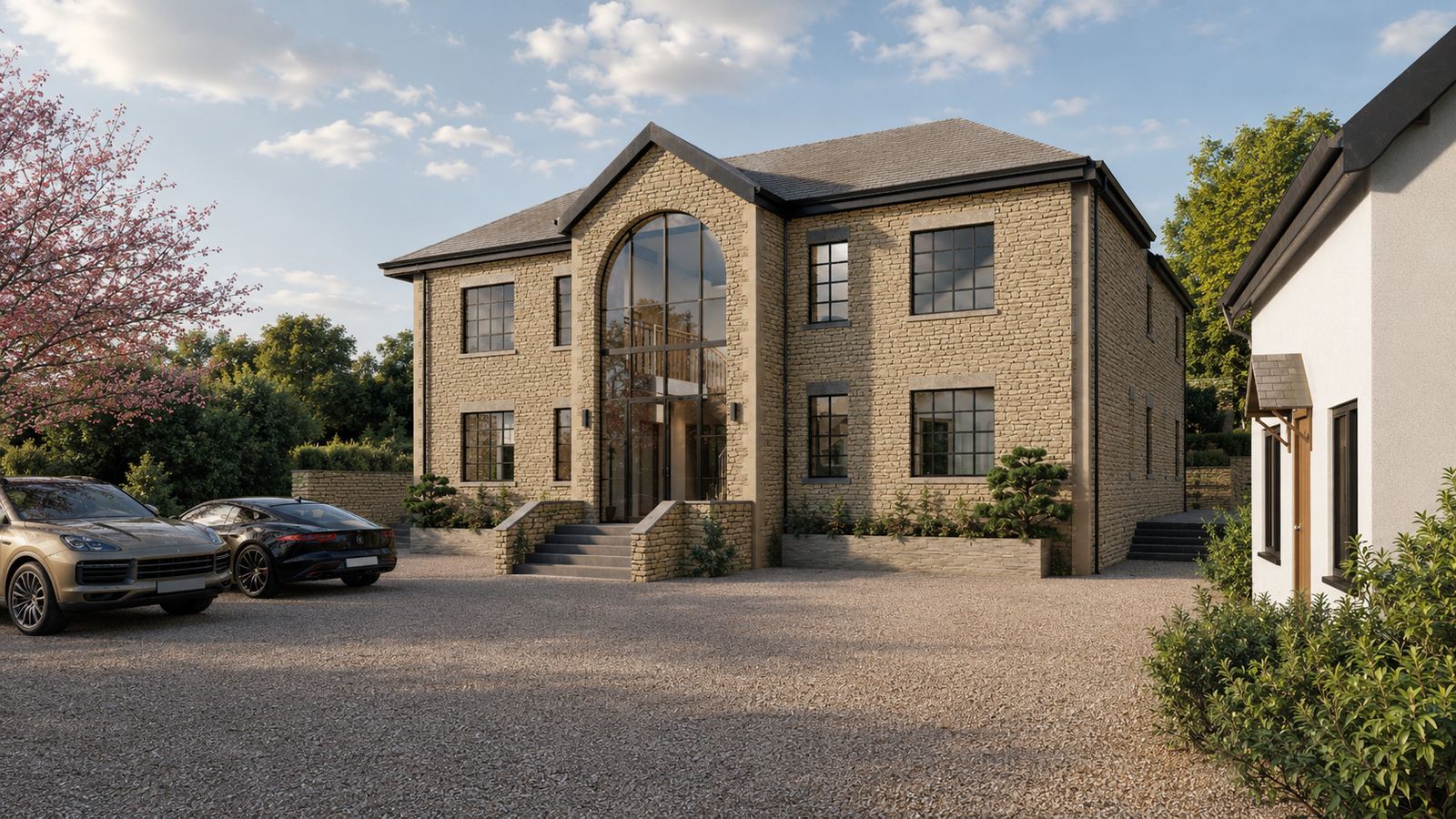 LINX design visual: a stone-faced detached house with a gravel forecourt