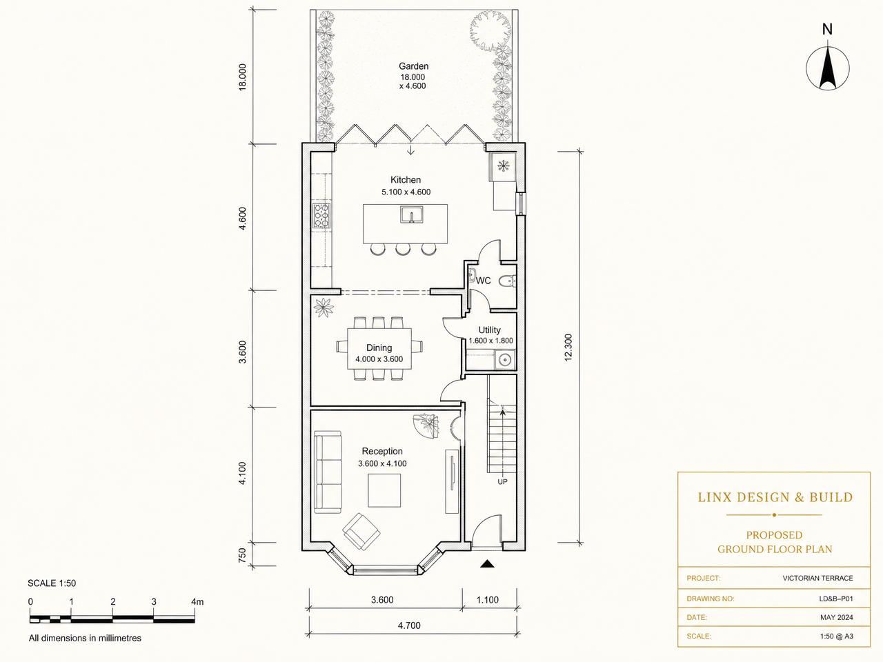 Proposed ground floor plan of a Victorian terrace with the LINX Design & Build title block