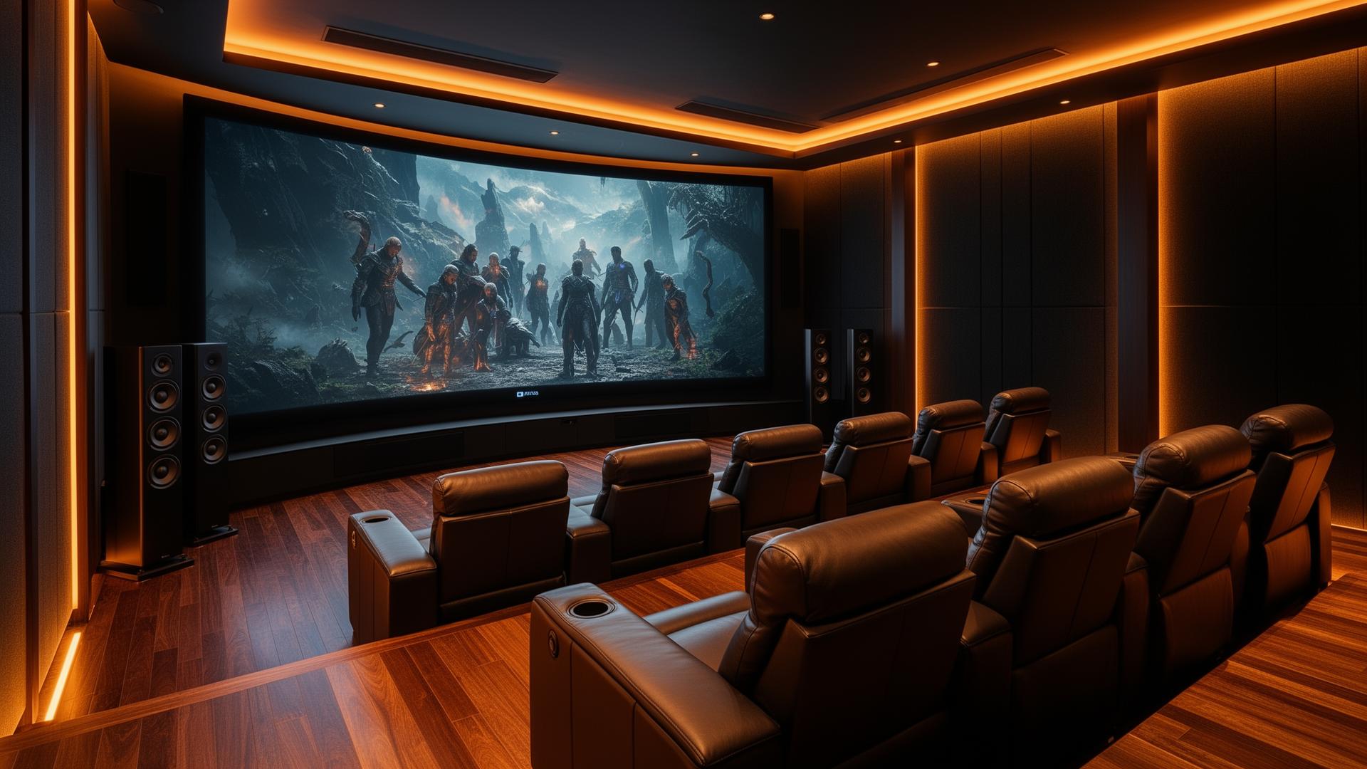 Home cinema with tiered seating and concealed lighting