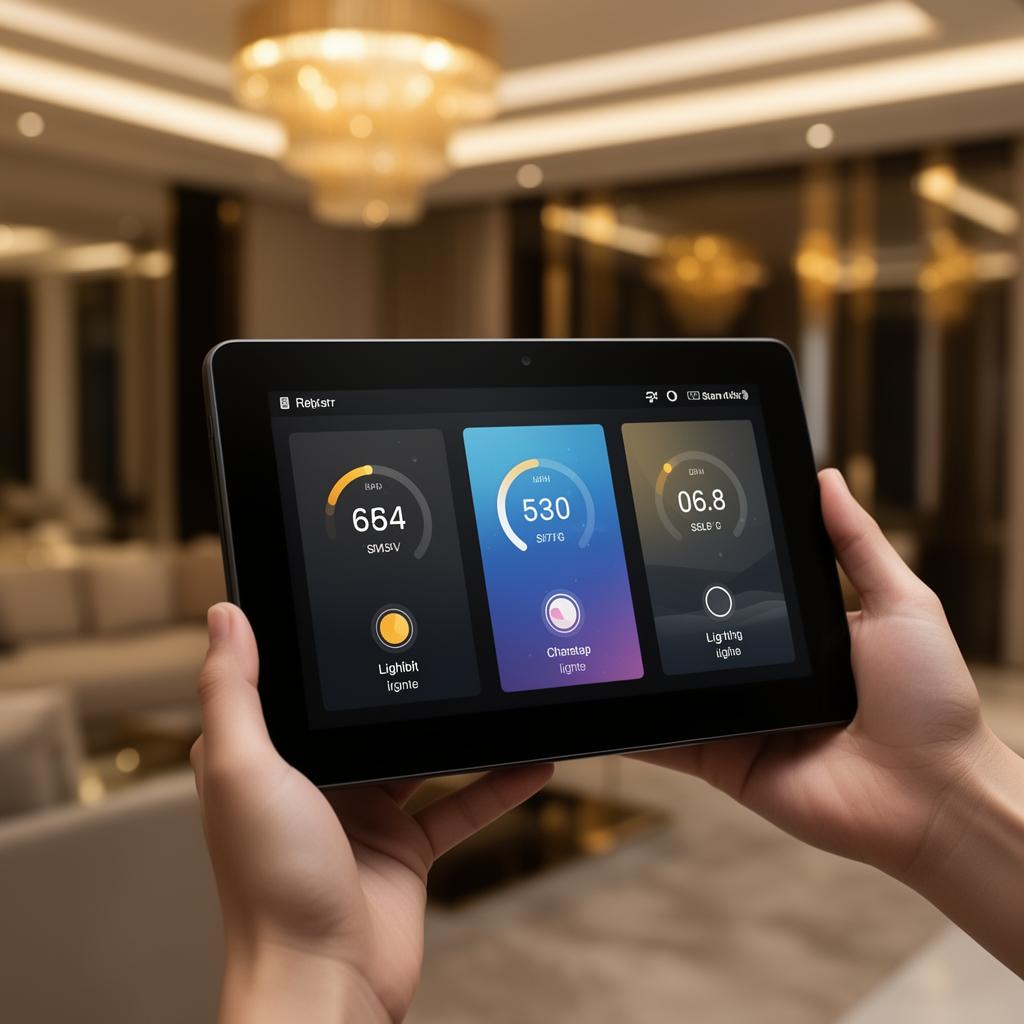 Smart home control app showing lighting and climate on a tablet