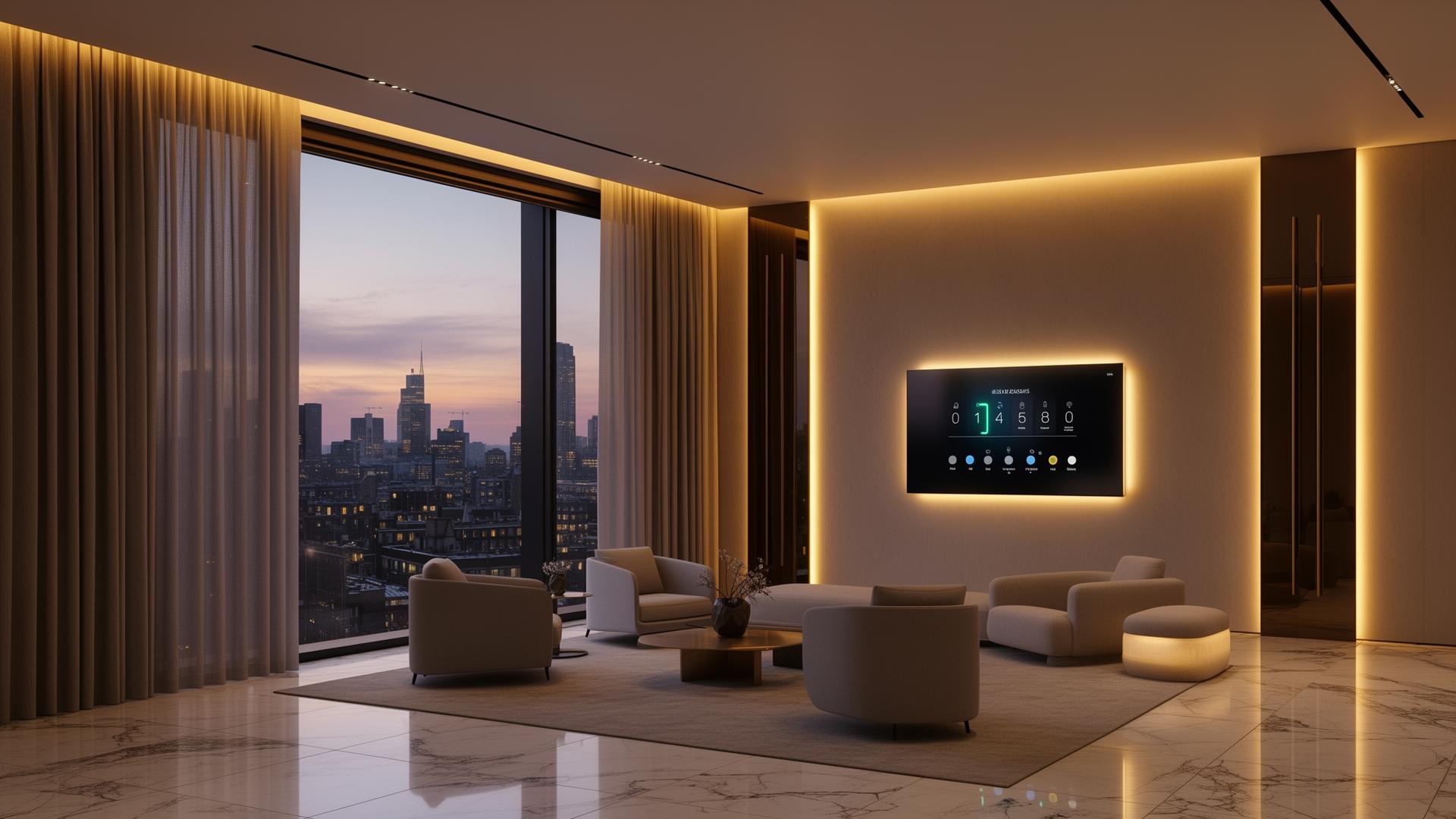 Living room with warm automated lighting and a wall-mounted control panel