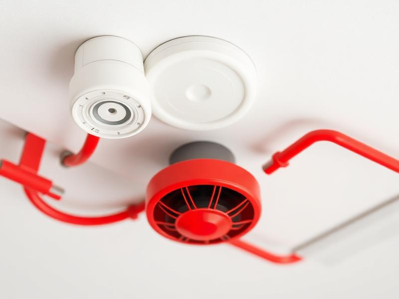 Ceiling smoke detector beside a red alarm sounder