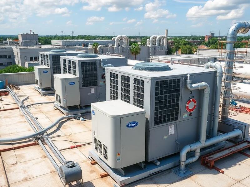 Rooftop HVAC plant with ductwork on a commercial building