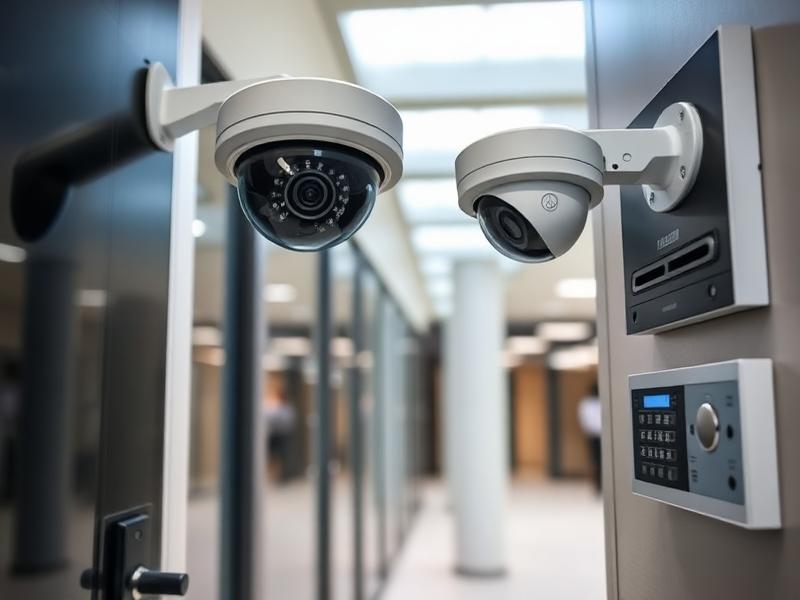 CCTV cameras and an access control panel in a building entrance