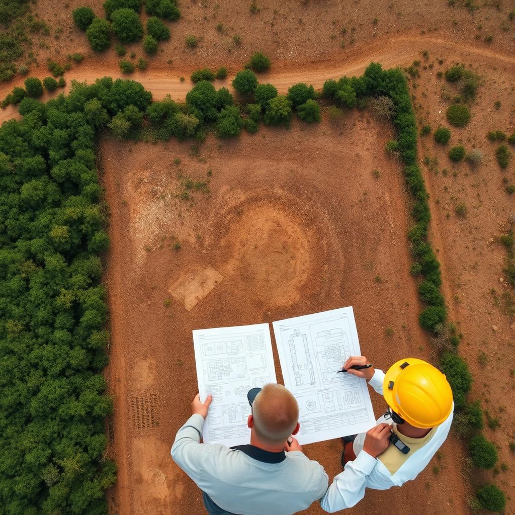 Aerial view of a cleared plot, with two people checking drawings on site