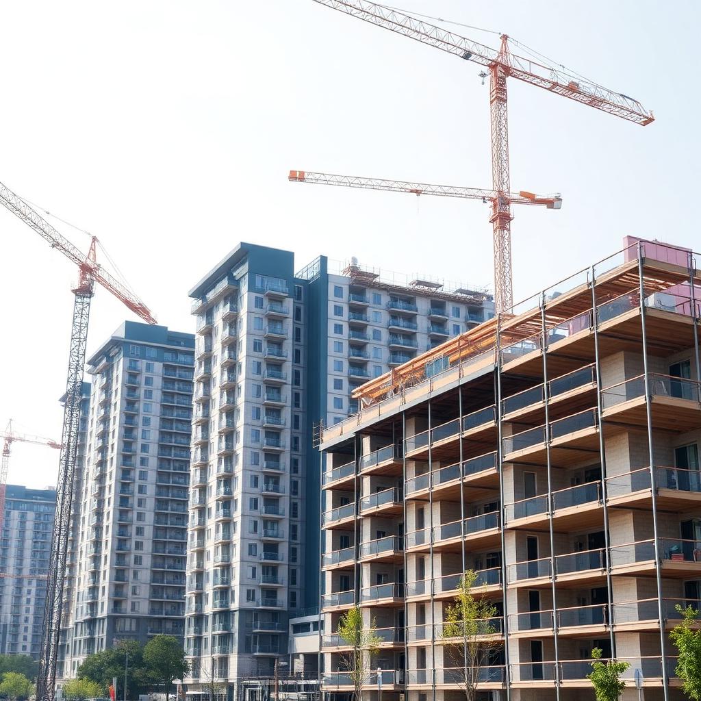 Residential blocks under construction beneath tower cranes