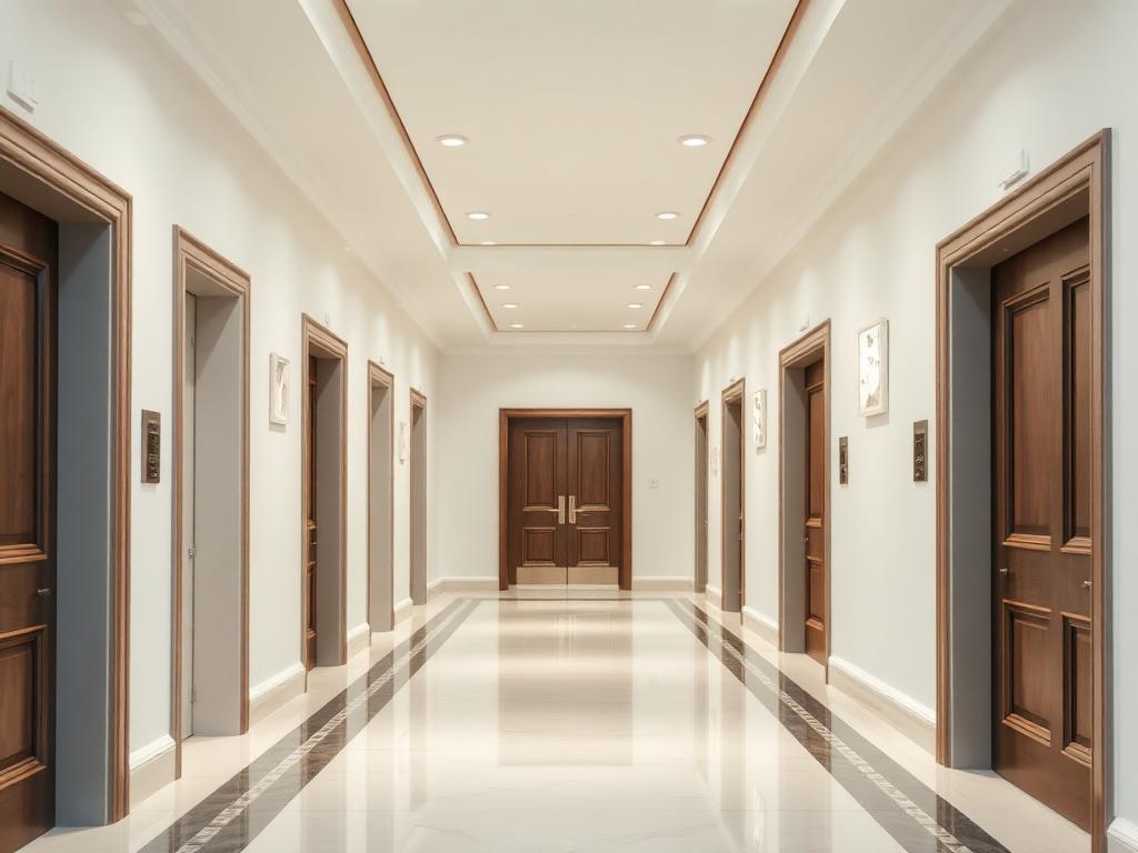 Bright communal corridor with timber doors in a residential block