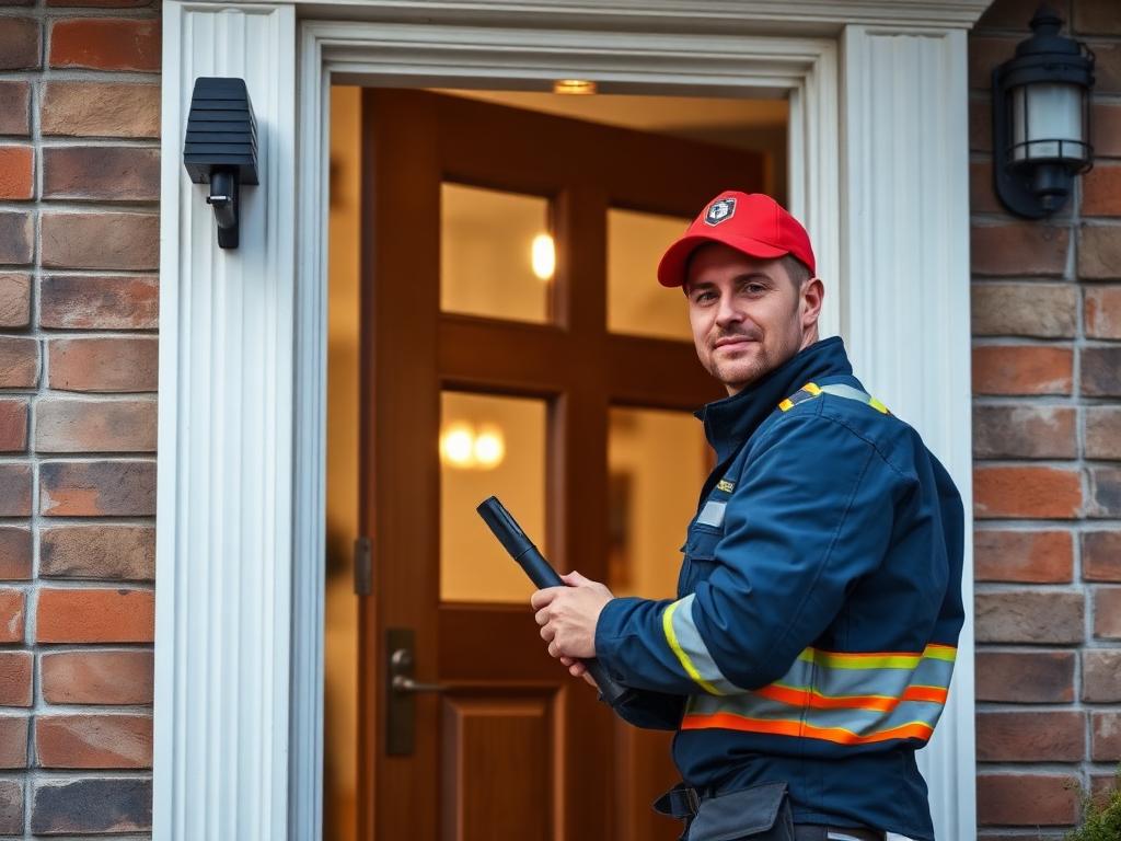 Inspector in high-visibility workwear beside a glazed entrance door