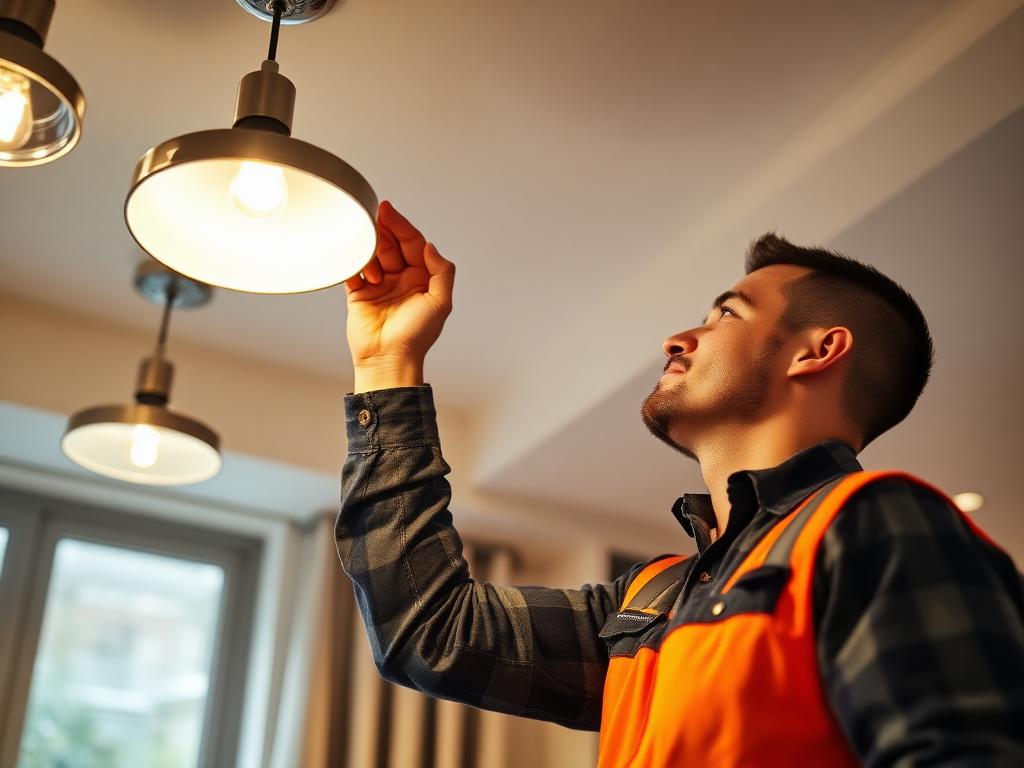 Tradesperson in a high-visibility vest fitting a ceiling light