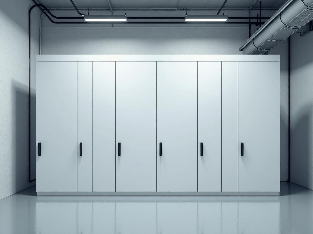 Wall of battery storage cabinets in a plant room