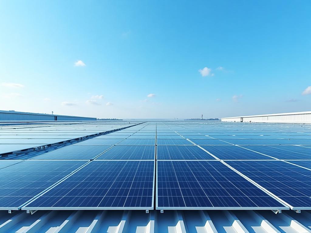 Rows of solar panels across a flat roof under a clear sky